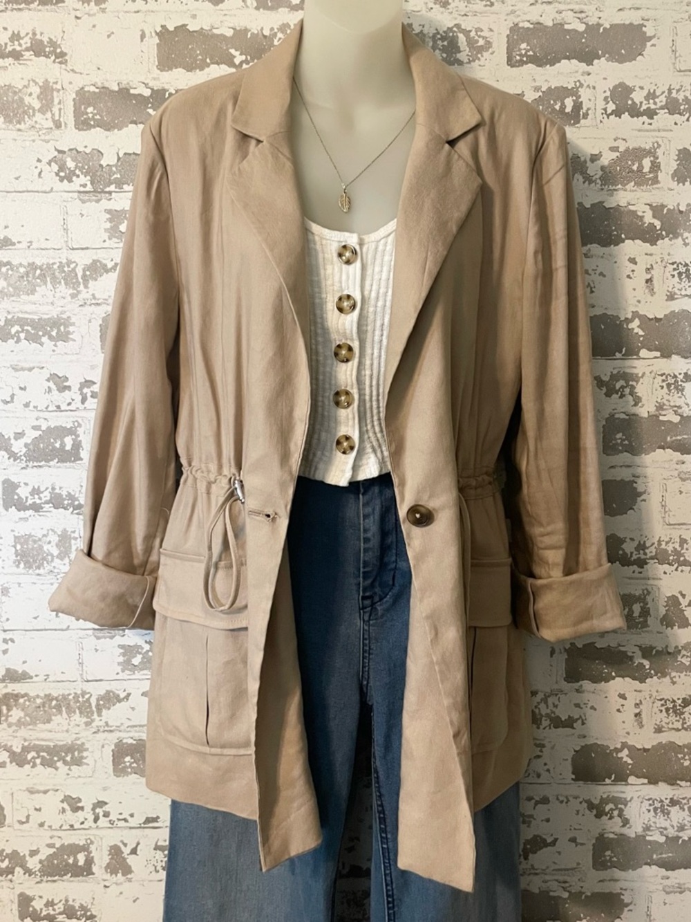 Calvin Klein Linen Blend Utility Jacket Beige Drawstring Waist Safari Blazer M
